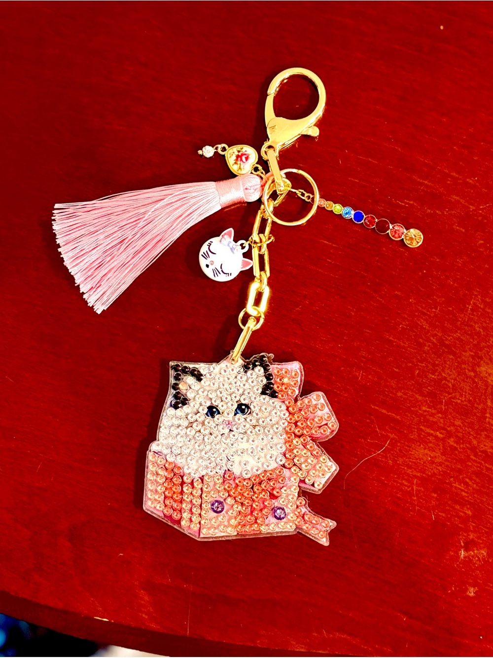 Handmade Double-Sided Rhinestone Cat Keychain with Crystal Accent & Pink Tassel - Picture 6 of 9